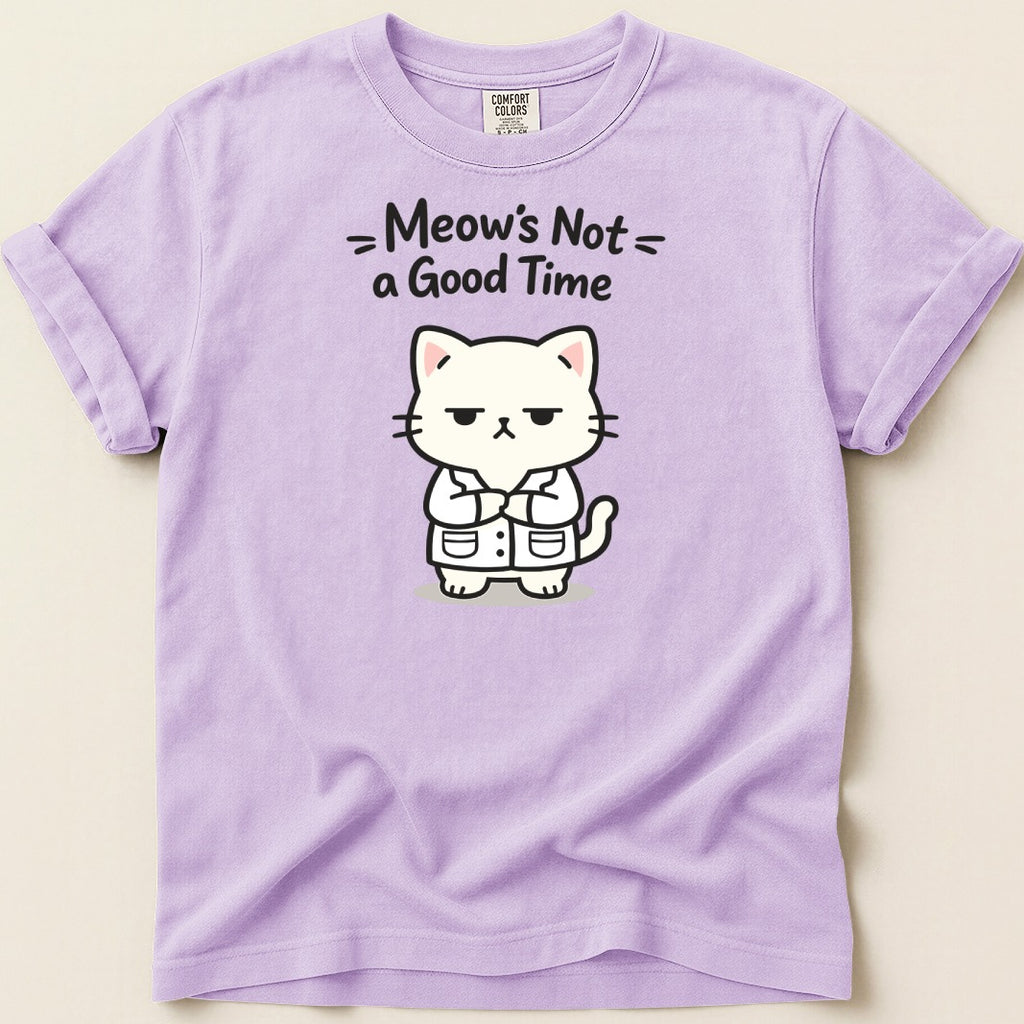 Purple t-shirt with a grumpy cartoon cat wearing a lab coat and the text "Meow's Not a Good Time."