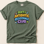 T-shirt with "Anti Antibiotic Resistance Club" text in colorful, stylized lettering.