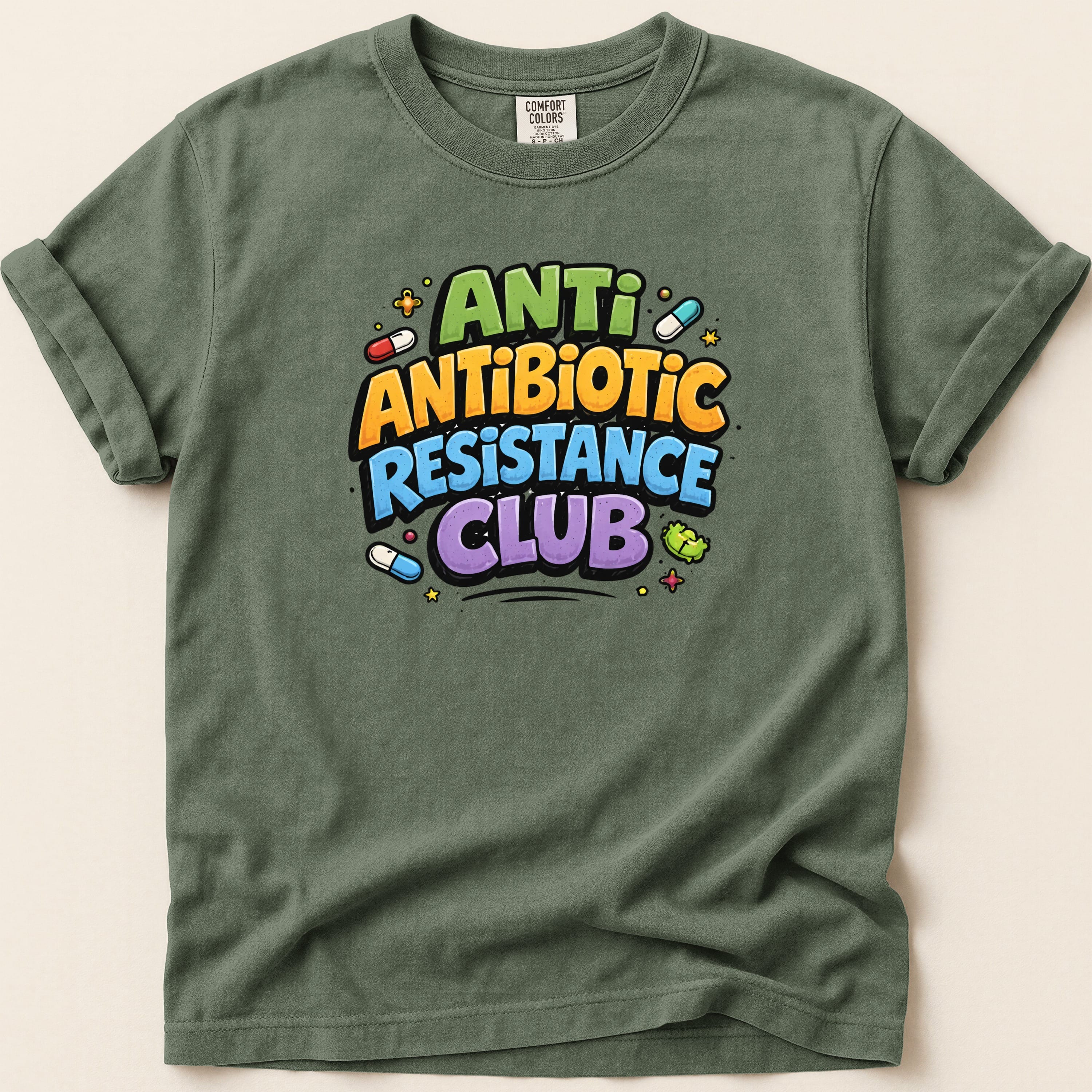 T-shirt with "Anti Antibiotic Resistance Club" text in colorful, stylized lettering.