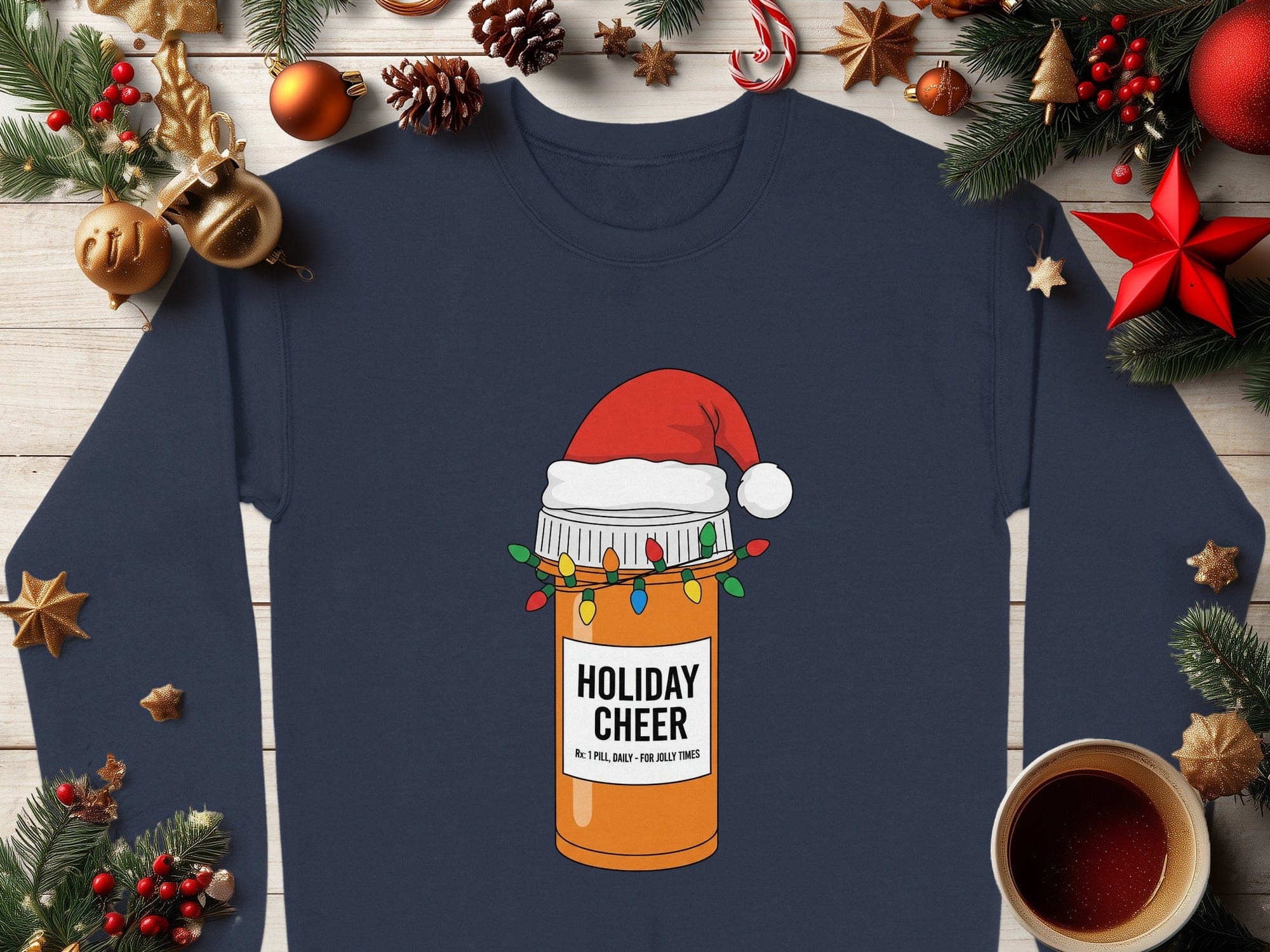 Holiday Cheer Pill Bottle Santa Hat Graphic Shirt