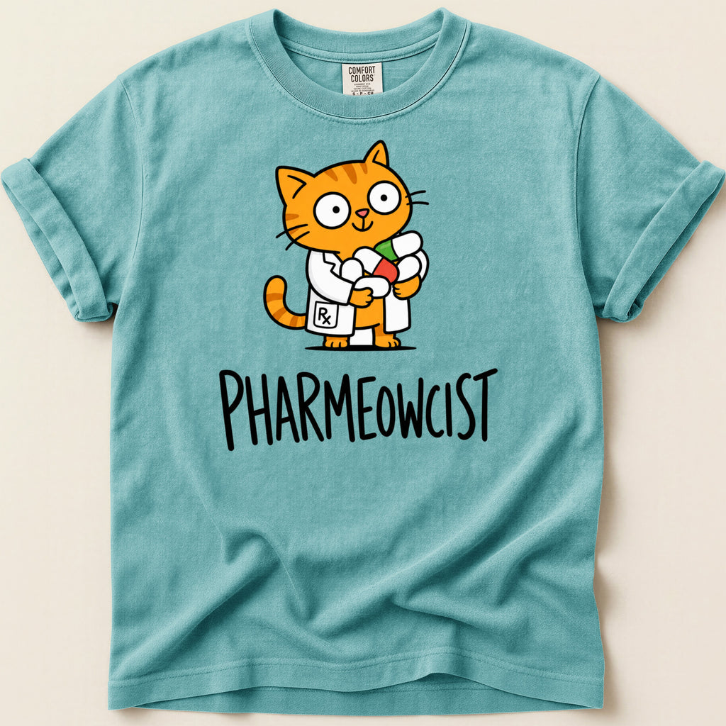 Cartoon ginger cat wearing lab coat and holding pills, text "PHARMEOWCIST".