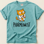 Cartoon ginger cat wearing lab coat and holding pills, text "PHARMEOWCIST".