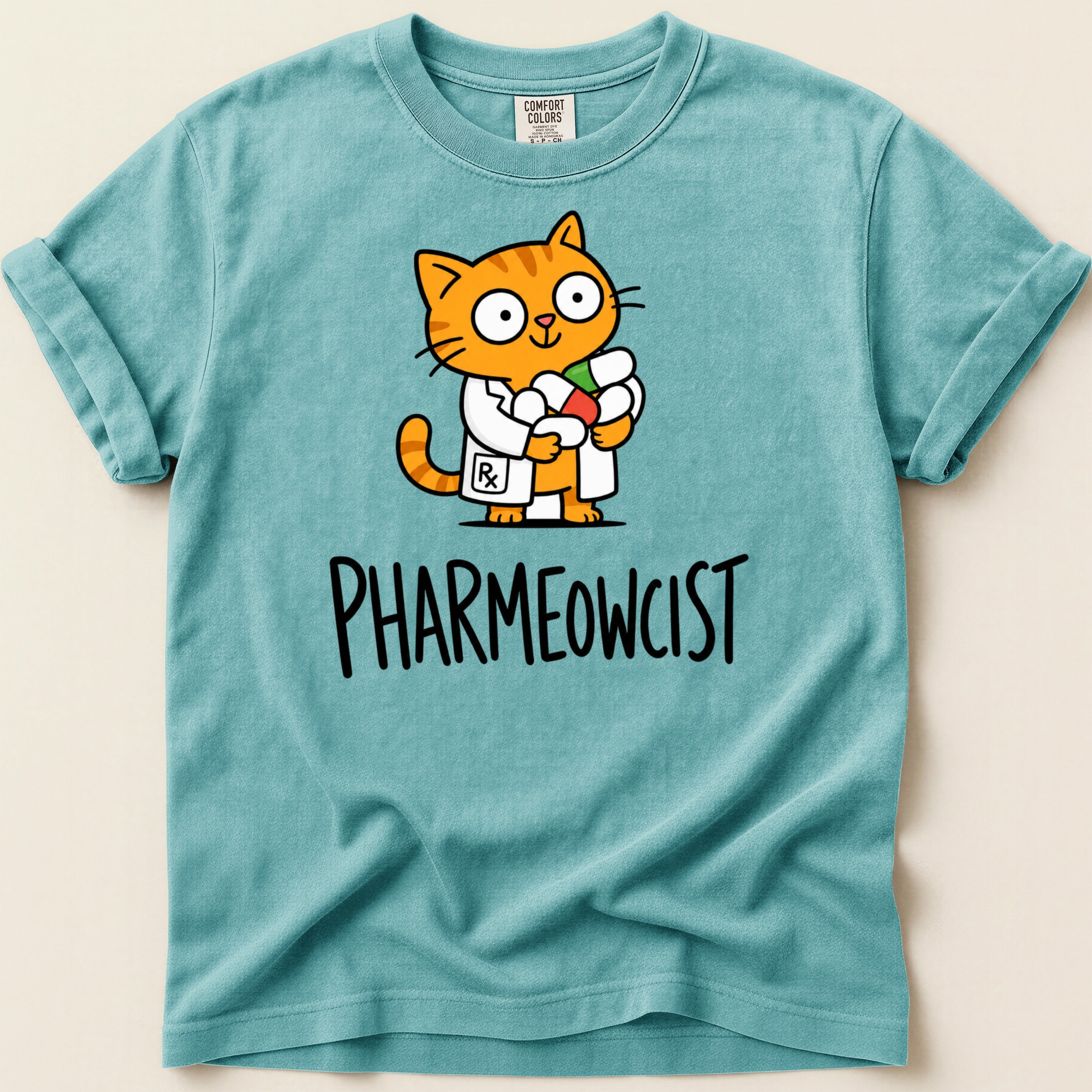 Cartoon ginger cat wearing lab coat and holding pills, text "PHARMEOWCIST".