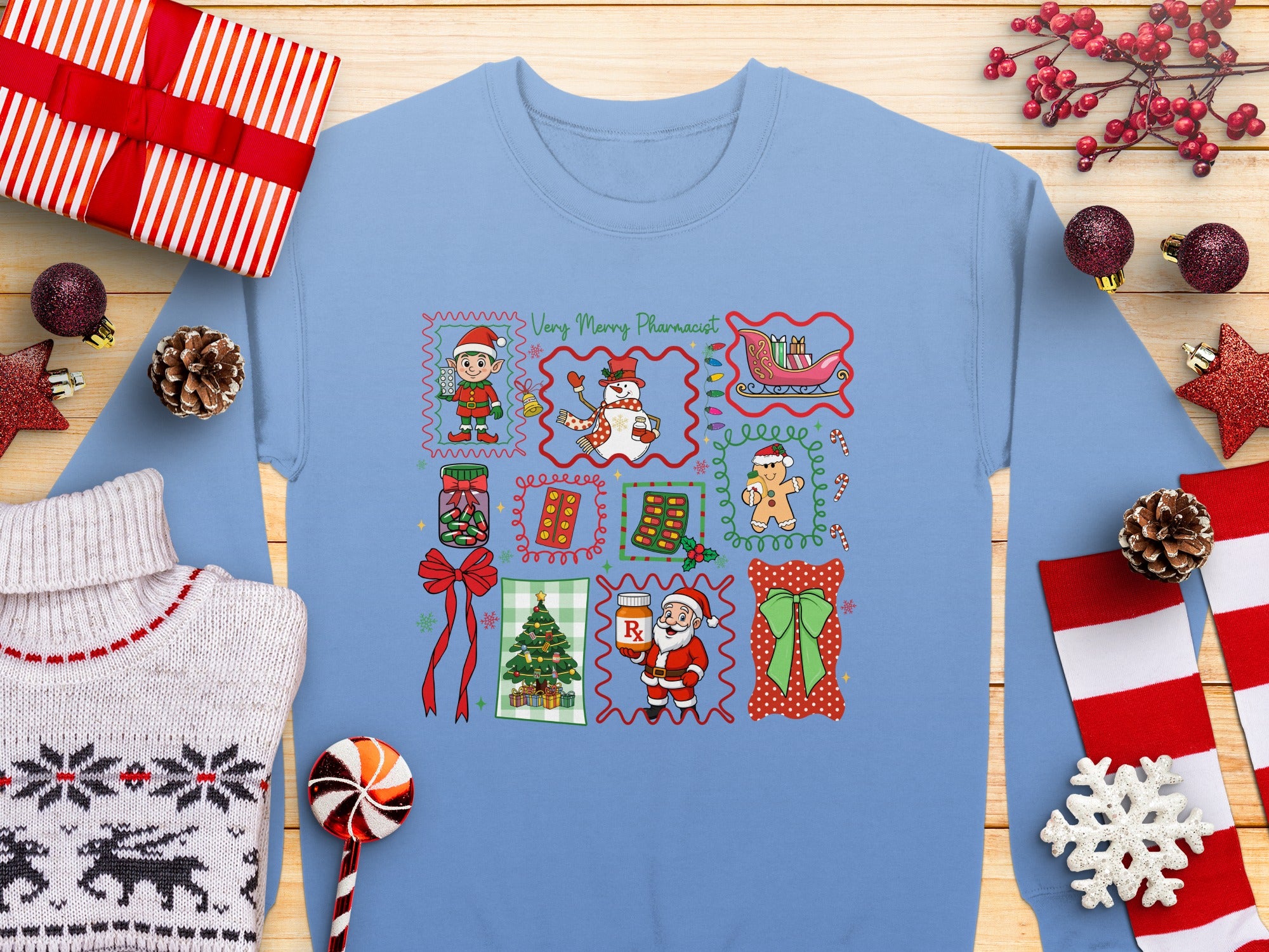 Festive Christmas Themed Blue Holiday Sweatshirt