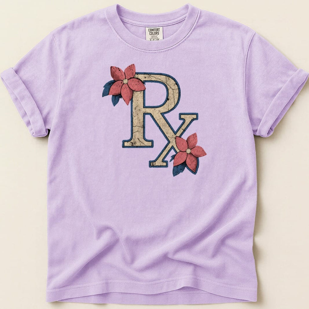 Lavender t-shirt with distressed RX symbol surrounded by flowers and leaves.