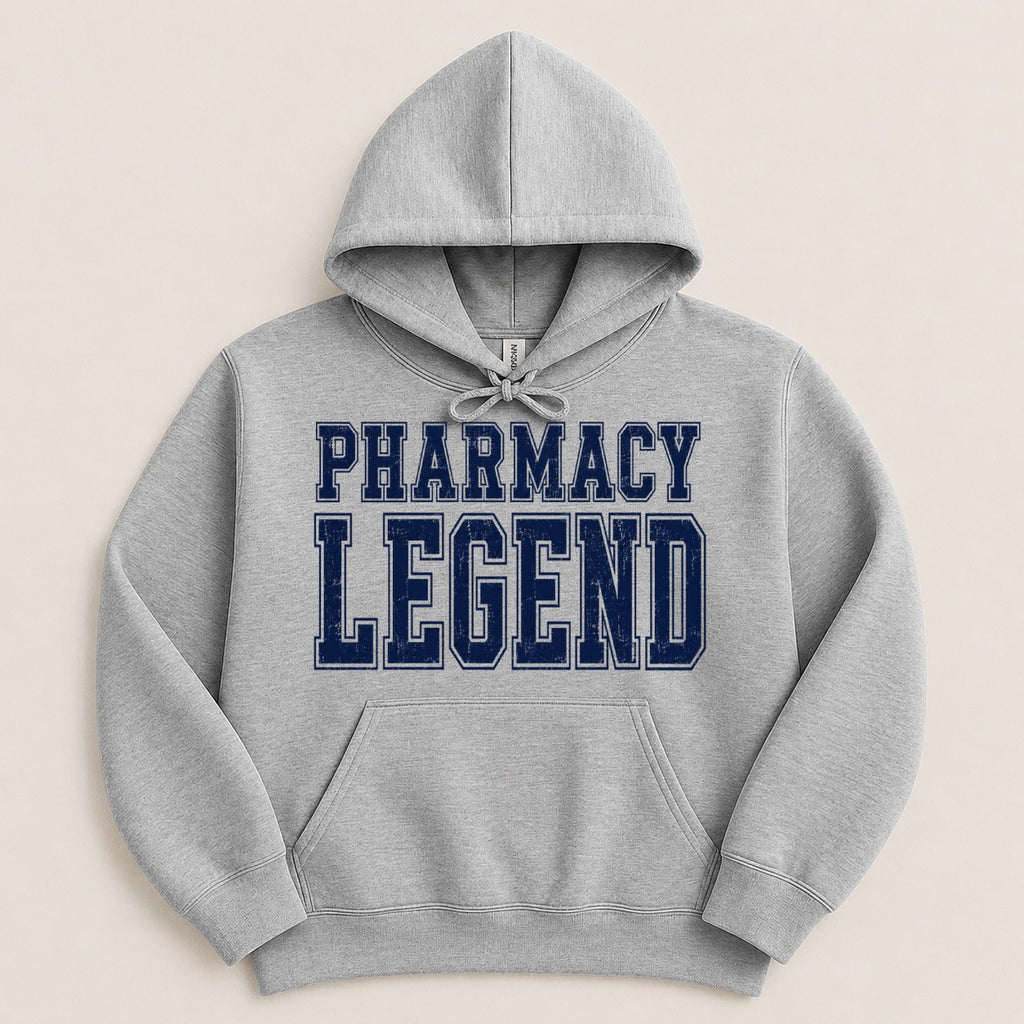 Grey hoodie with "PHARMACY LEGEND" in navy blue collegiate lettering.