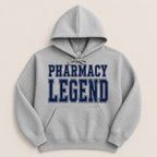 Grey hoodie with "PHARMACY LEGEND" in navy blue collegiate lettering.