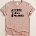 Pink t-shirt with "Peace Love Pharmacy" text and icons.