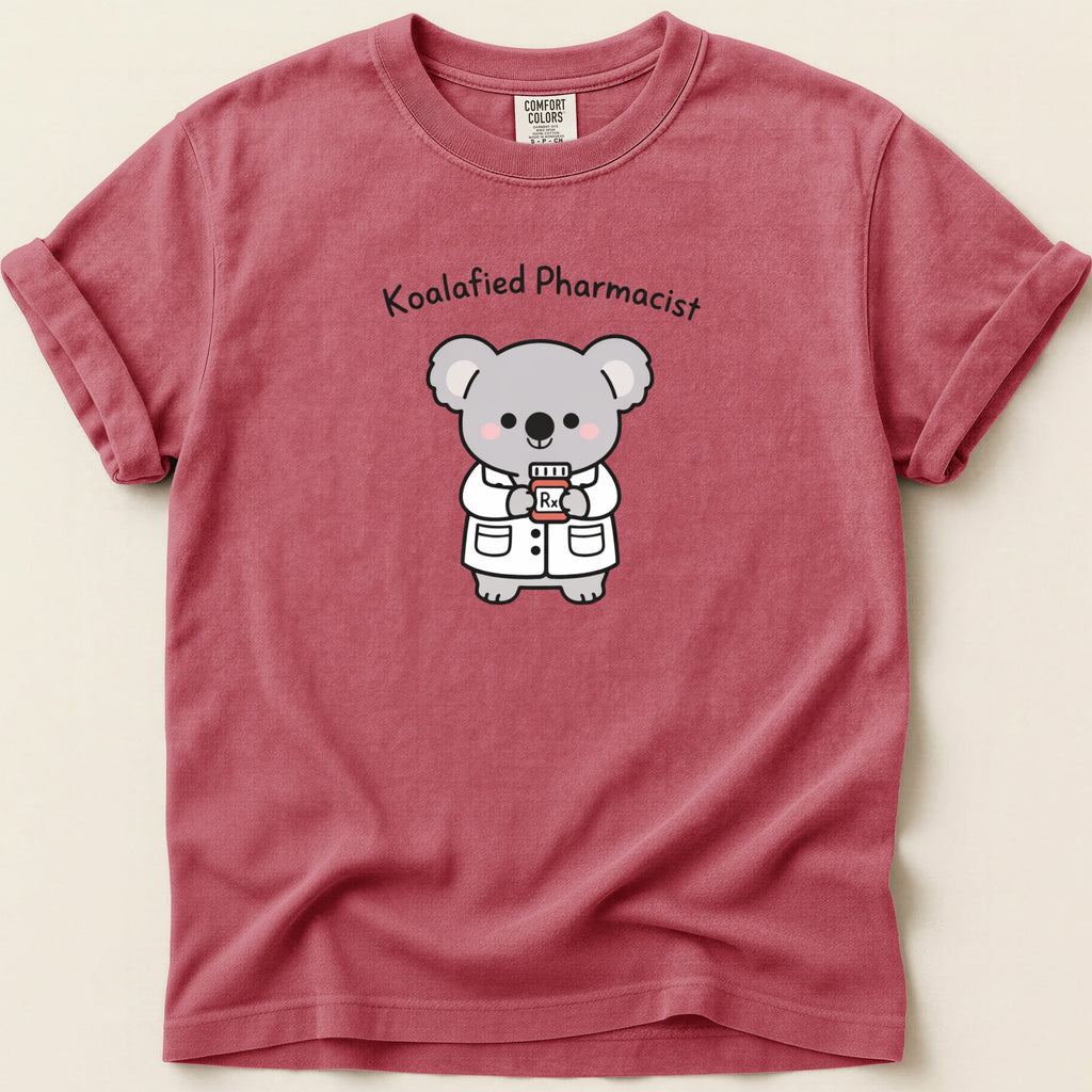 T-shirt with cartoon koala pharmacist holding a bottle labeled Rx.