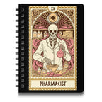 Tarot card featuring a skeleton in a lab coat holding a flask, labeled "Pharmacist".
