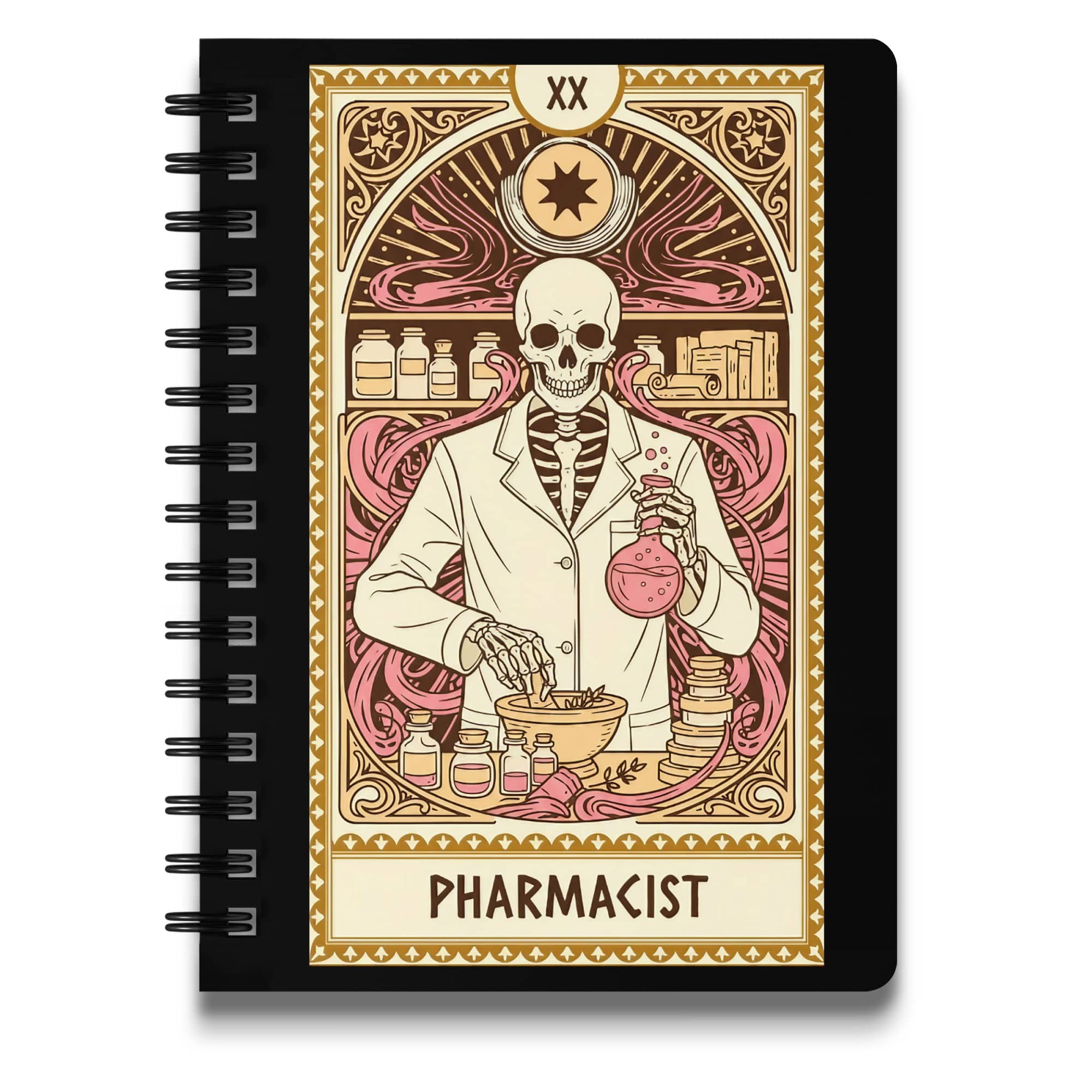 Tarot card featuring a skeleton in a lab coat holding a flask, labeled "Pharmacist".