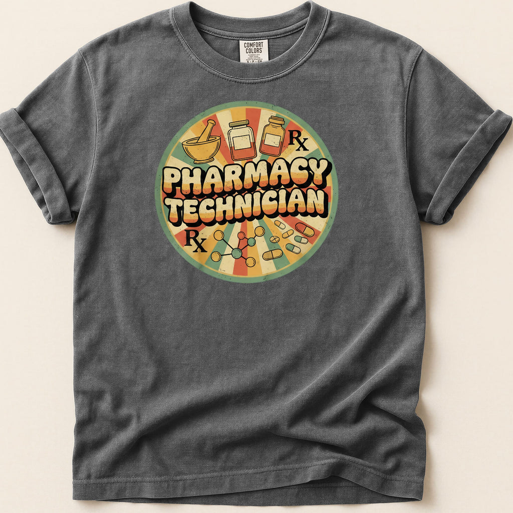 Retro circular logo with "Pharmacy Technician" and medical icons.