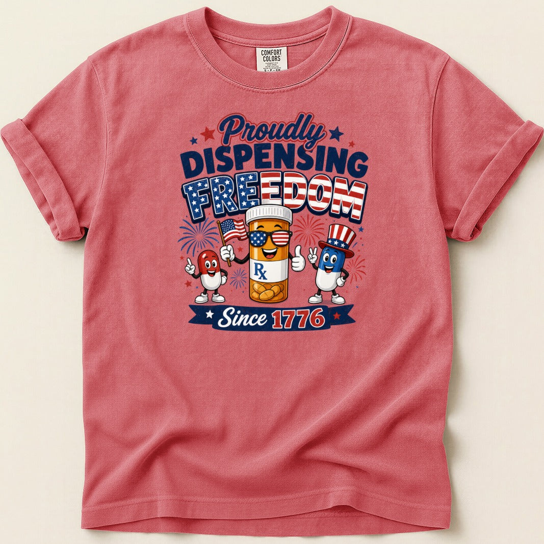 T-shirt with "Proudly Dispensing Freedom Since 1776" and patriotic cartoon characters.