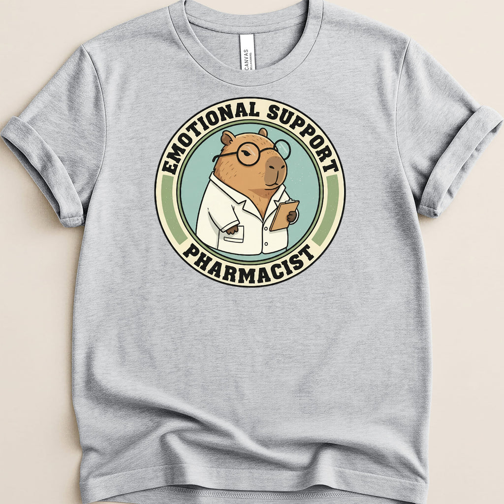 Capybara wearing glasses and lab coat, "Emotional Support Pharmacist" text.