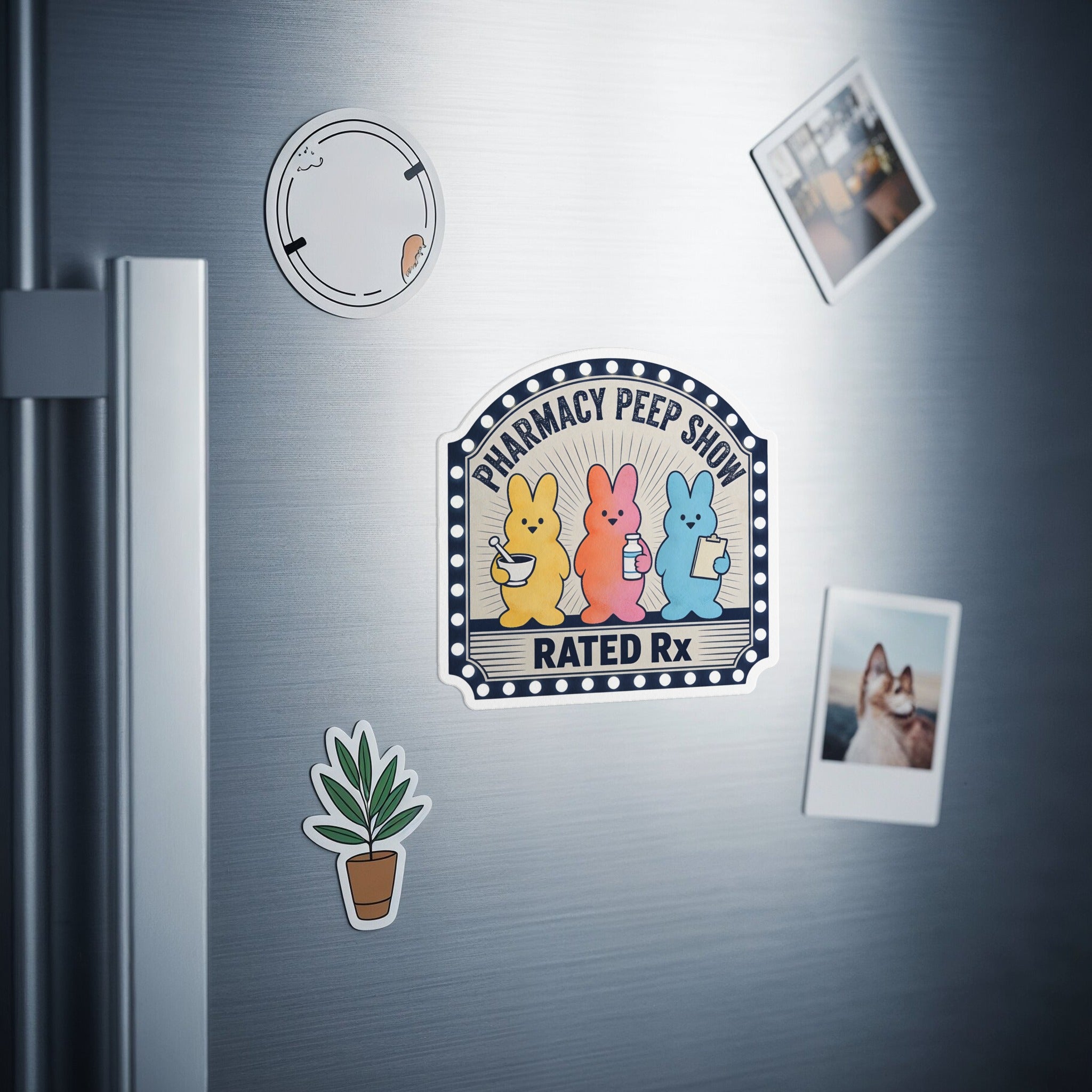 Sticker with three Peeps characters and "Pharmacy Peep Show Rated Rx" text.