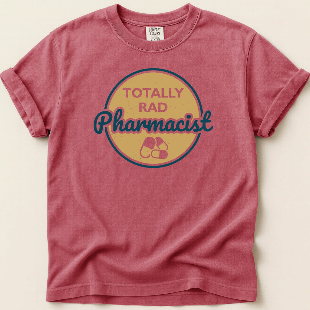 Red t-shirt with "TOTALLY RAD Pharmacist" in a circular graphic.