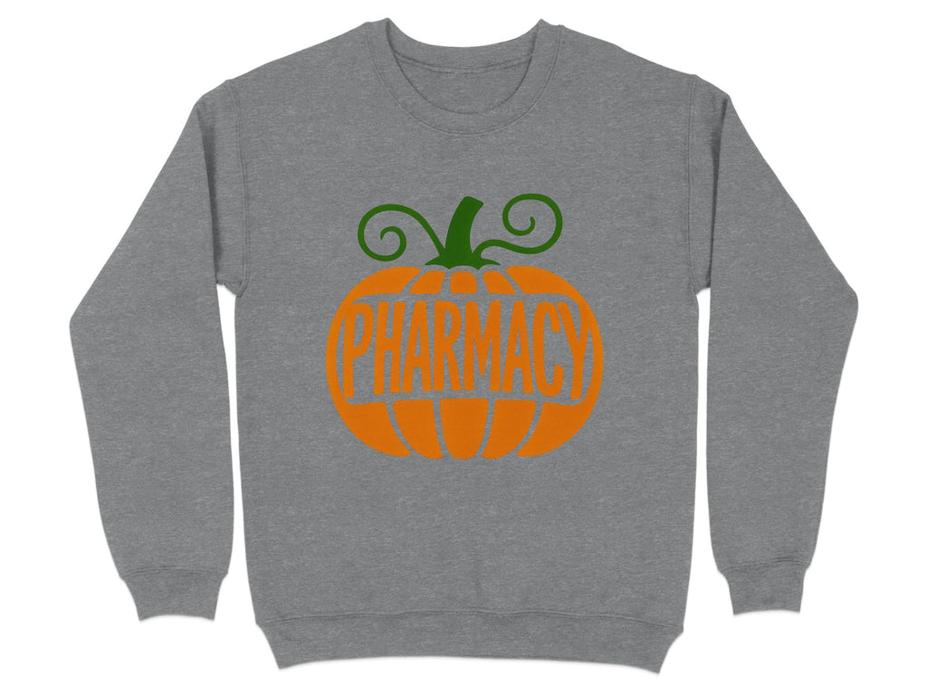 Gray sweatshirt with a pumpkin graphic and the word "PHARMACY"