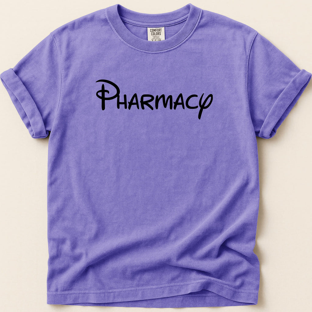 Purple t-shirt with "Pharmacy" in black script text.