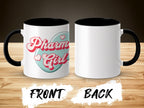 White mug with "Pharm Girl" text and heart graphic, black handle and interior.