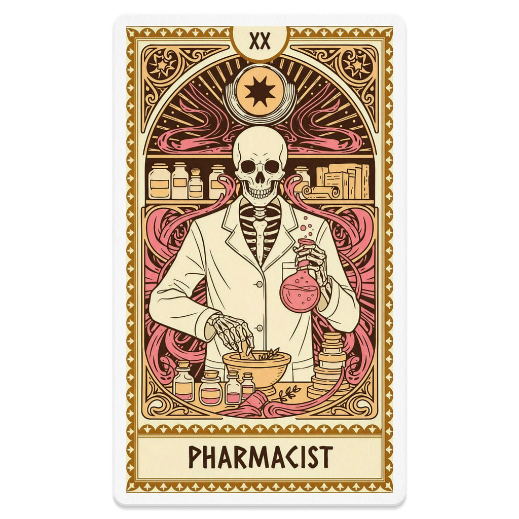 Skeleton pharmacist in lab coat holding a flask, with apothecary jars.
