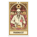 Skeleton pharmacist in lab coat holding a flask, with apothecary jars.
