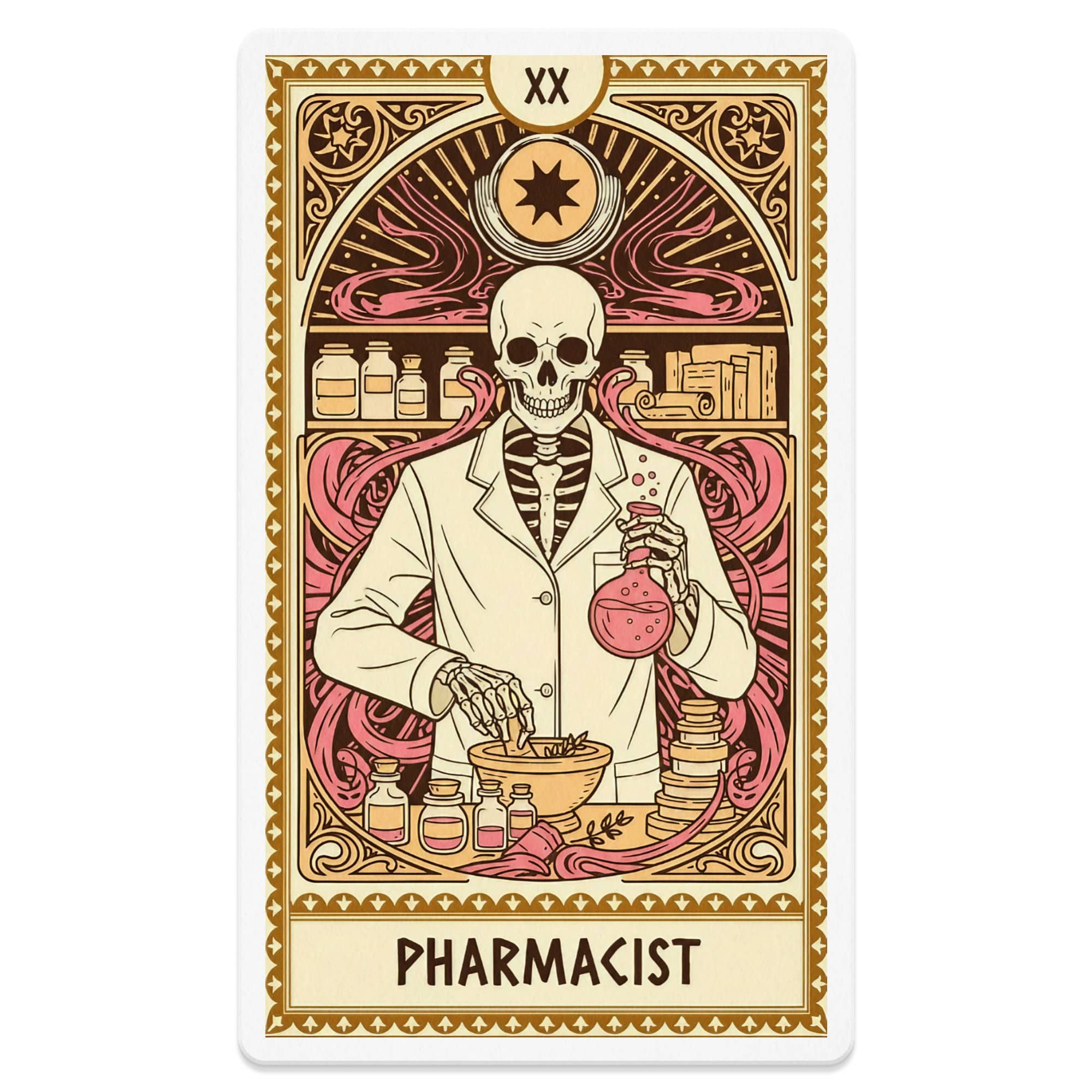 Skeleton pharmacist in lab coat holding a flask, with apothecary jars.
