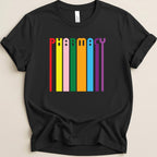 Black t-shirt with colorful vertical bars spelling "PHARMACY".