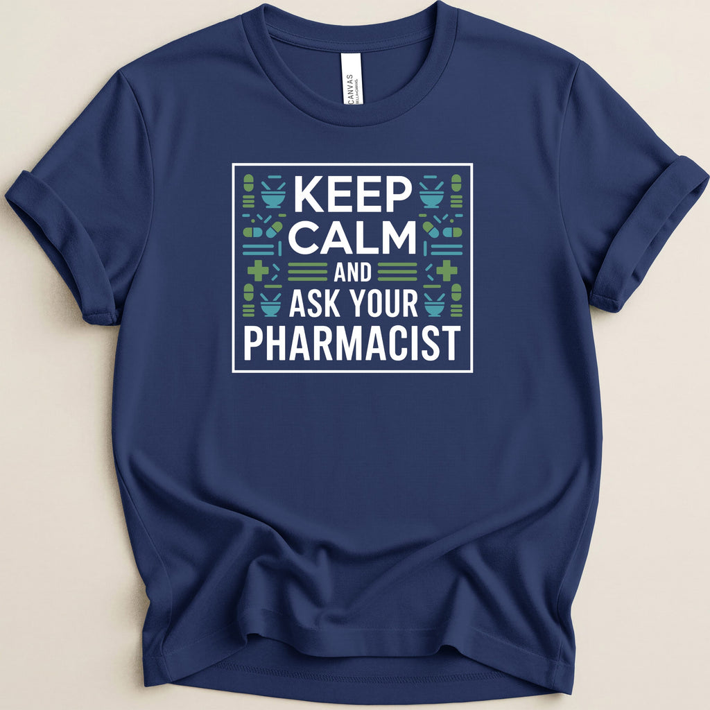 Navy t-shirt with "KEEP CALM AND ASK YOUR PHARMACIST" text and medical graphics.