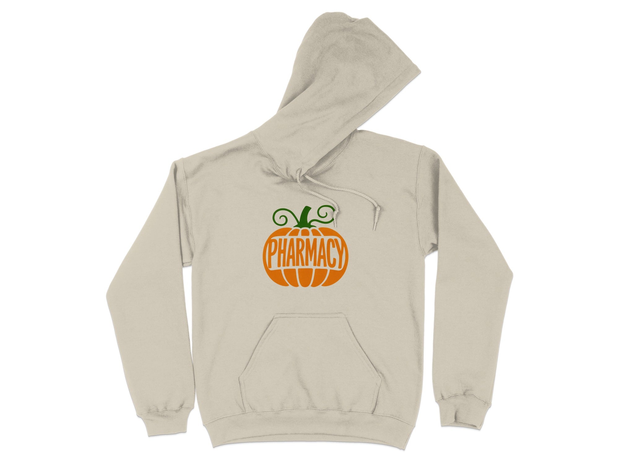 Beige hoodie with an orange pumpkin design that says "Pharmacy".