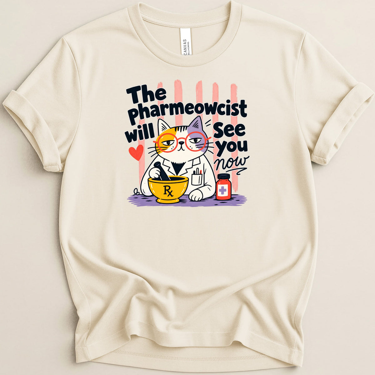 Cat in lab coat holding mortar and pestle, text: The Pharmeowcist will see you now.