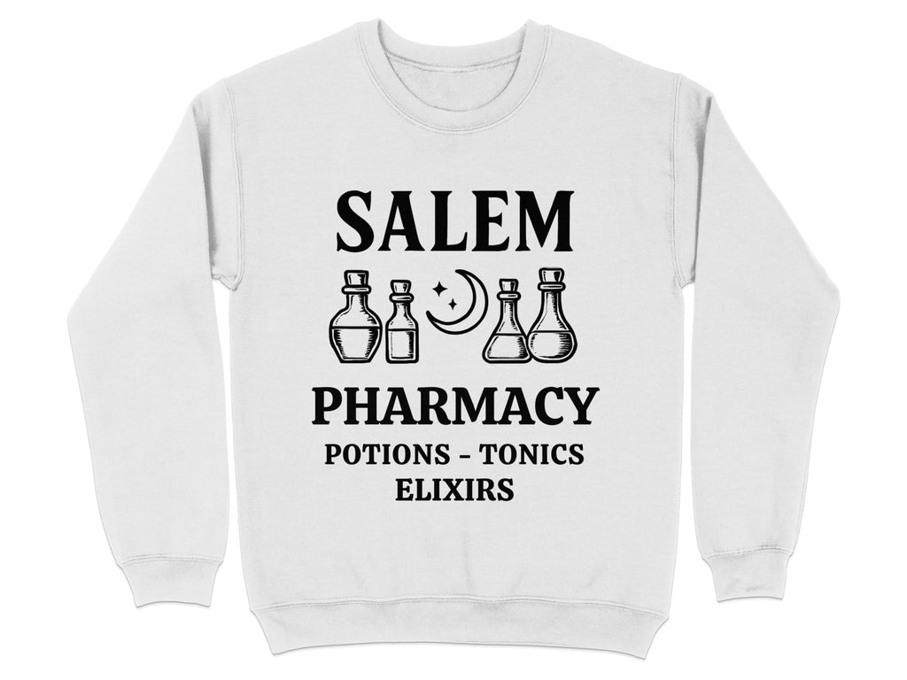 White sweatshirt with "SALEM PHARMACY POTIONS - ELIXIRS" and potion bottle graphics.