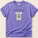 Lavender t-shirt with cartoon koala pharmacist holding a prescription bottle.
