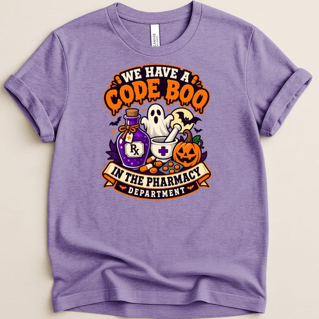 Purple t-shirt with "We Have a Code Boo in the Pharmacy Department" Halloween graphic.