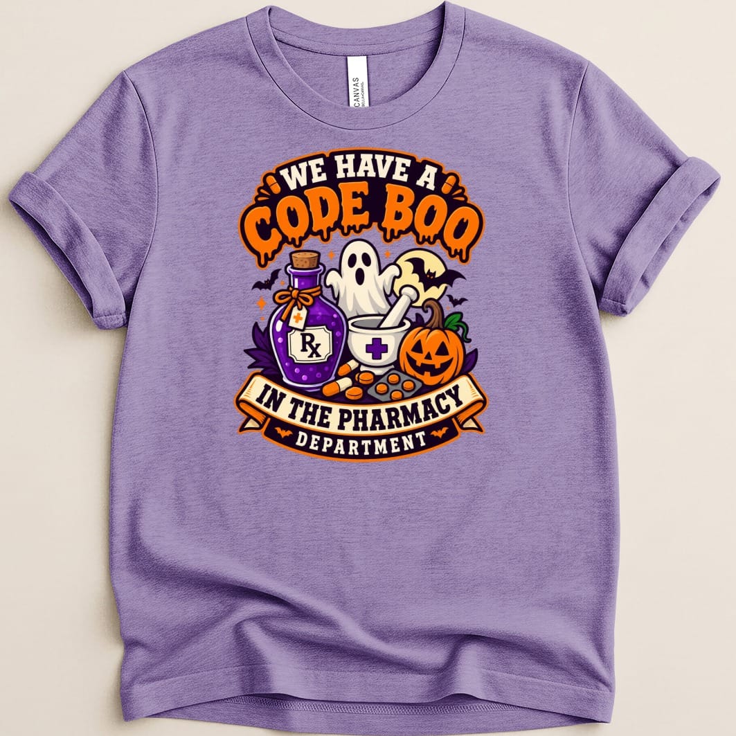 Purple t-shirt with "We Have a Code Boo in the Pharmacy Department" Halloween graphic.
