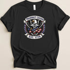 Black t-shirt with eagle, ribbon, and "Pharmacy Legend Est. 1776" text.