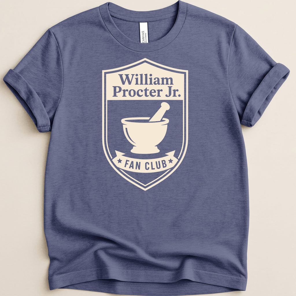 Navy t-shirt with cream William Procter Jr. Fan Club crest featuring a mortar and pestle.
