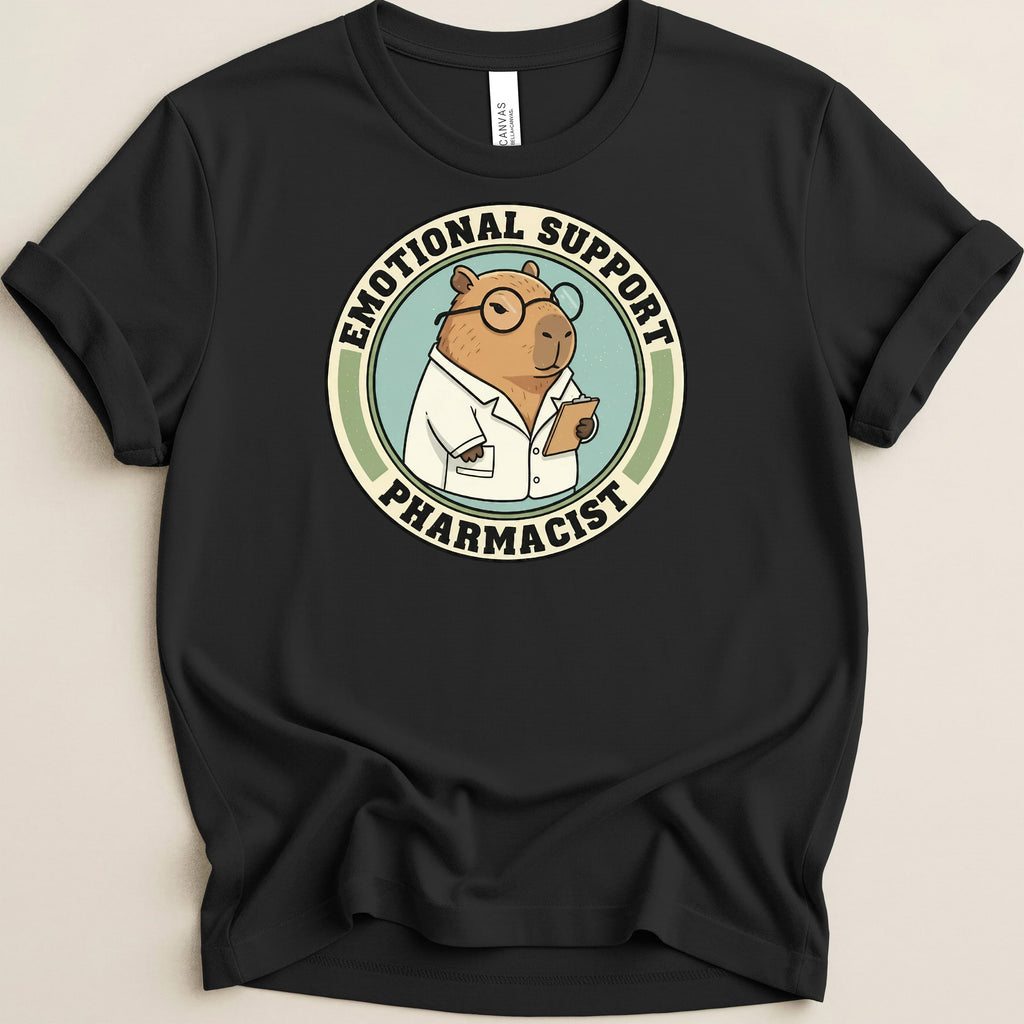 Capybara wearing glasses and lab coat with "Emotional Support Pharmacist" text.