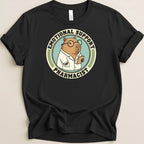 Capybara wearing glasses and lab coat with "Emotional Support Pharmacist" text.