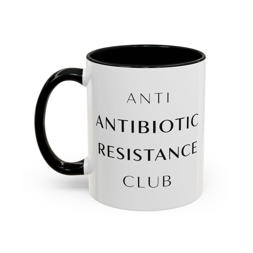 White mug with black handle and interior, reading "ANTI ANTIBIOTIC RESISTANCE CLUB".