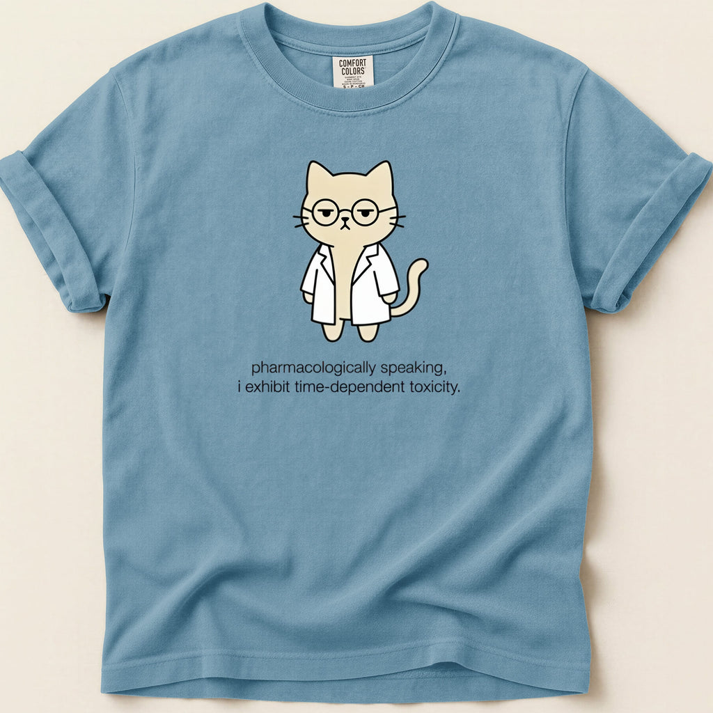 Blue t-shirt with a cartoon cat in a lab coat wearing glasses and text.