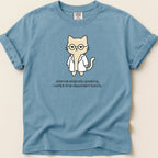 Blue t-shirt with a cartoon cat in a lab coat wearing glasses and text.