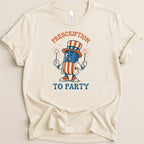 Cartoon pill character in top hat with sparklers, "Prescription to Party".