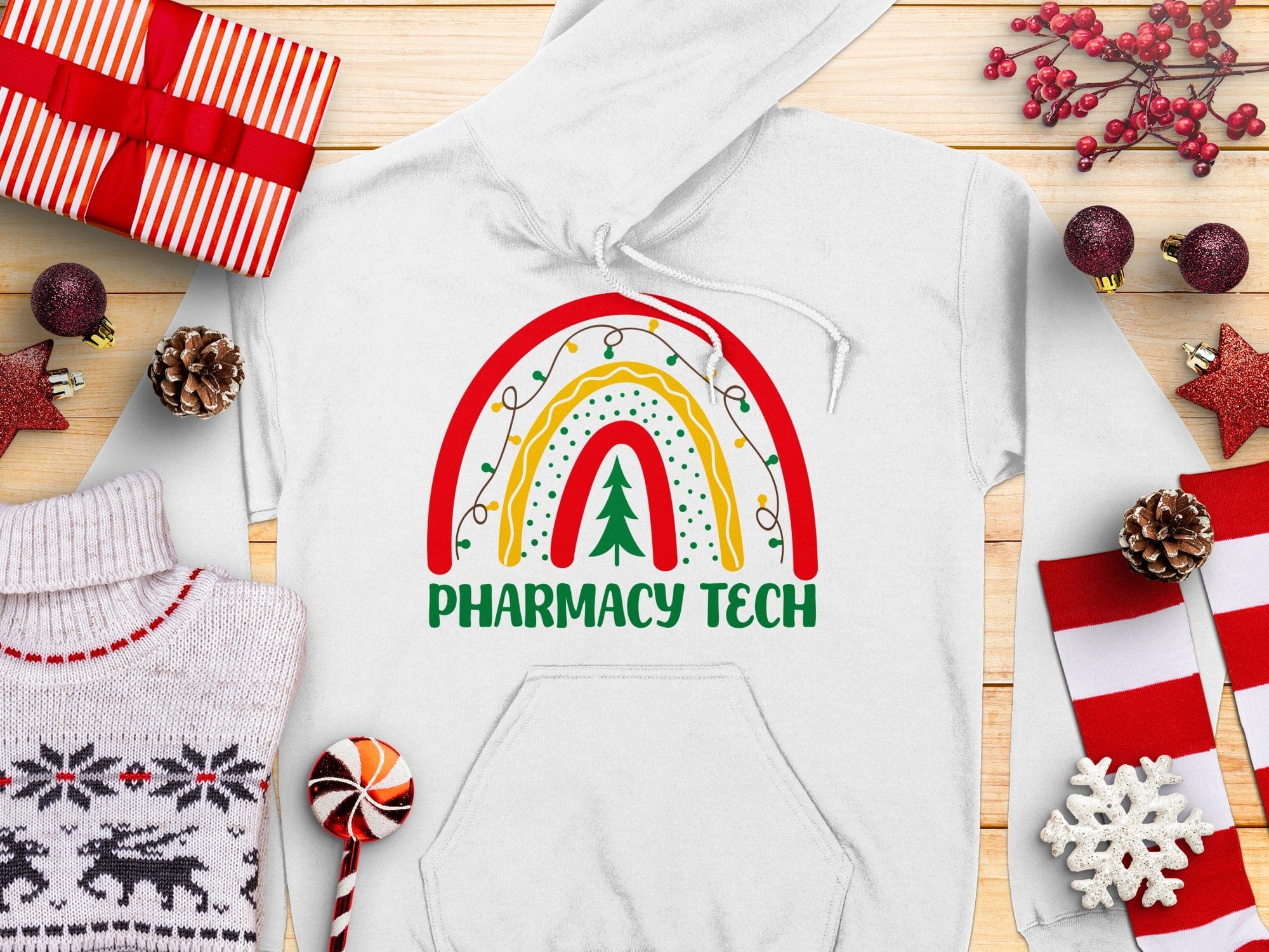 Festive Pharmacy Tech Hoodie with Rainbow Design