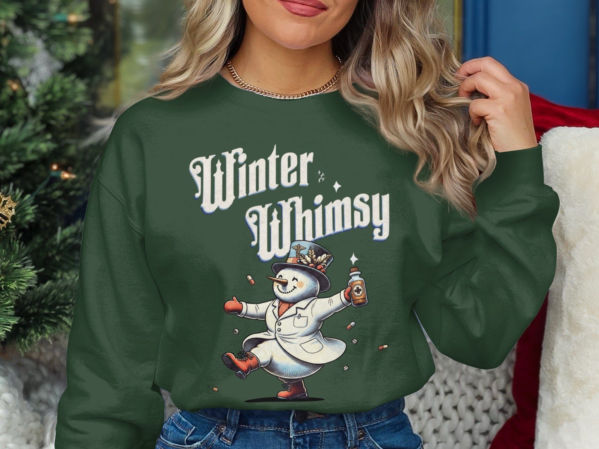 Winter Whimsy Green Sweatshirt with Snowman Design