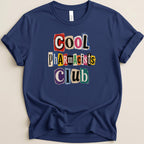 Navy t-shirt with colorful cut-out letters spelling "COOL PHARMACISTS CLUB".