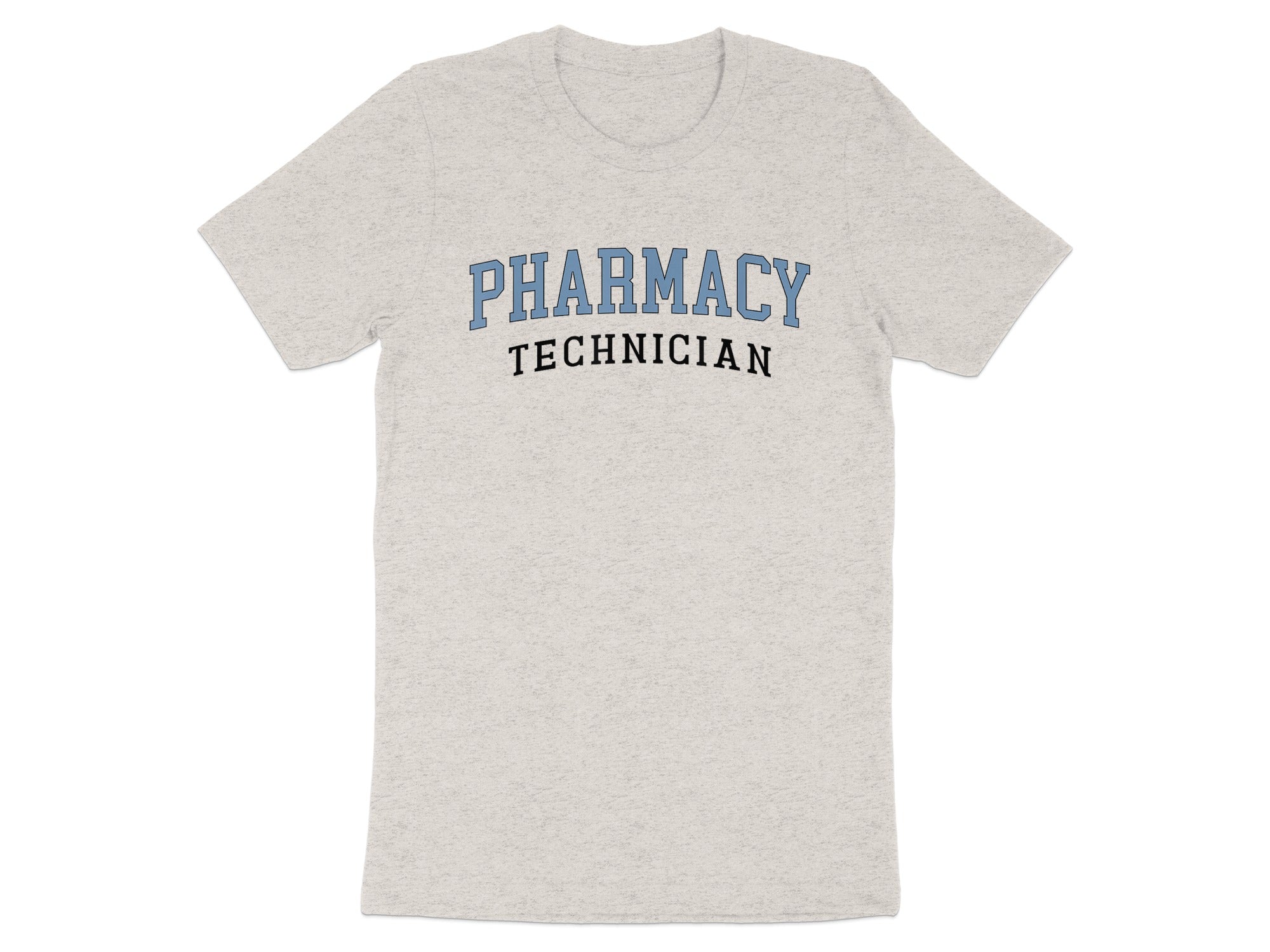 Light gray t-shirt with "PHARMACY TECHNICIAN" in blue collegiate lettering.