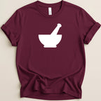 Maroon t-shirt with a white mortar and pestle graphic in the center.