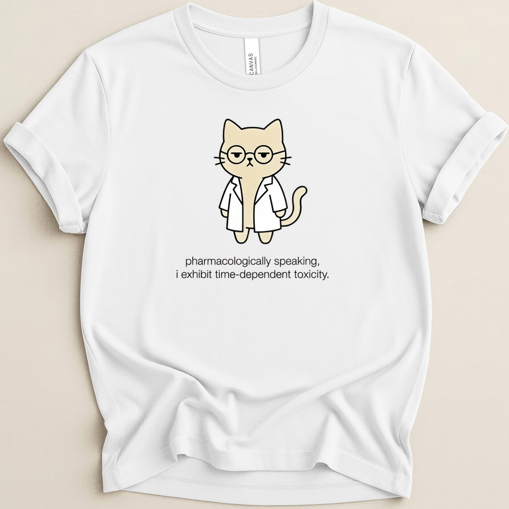 White t-shirt with a cartoon cat wearing glasses and a lab coat.