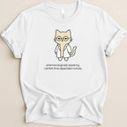 White t-shirt with a cartoon cat wearing glasses and a lab coat.