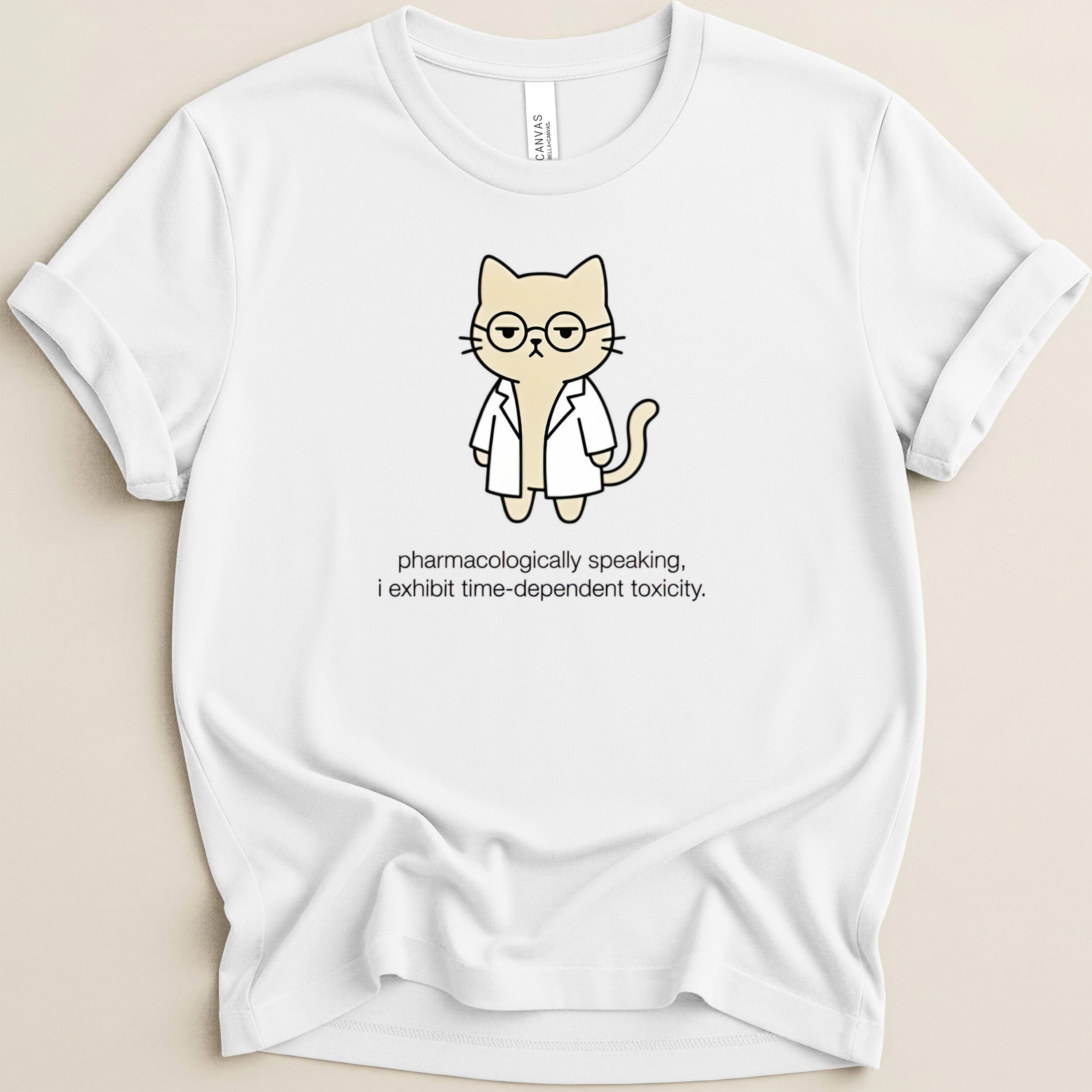 White t-shirt with a cartoon cat wearing glasses and a lab coat.